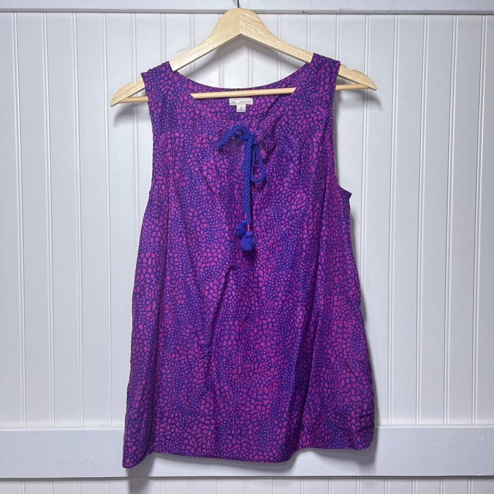 GAP Blouse Coquette Blue Pink Sleeveless Tank Tassel Tie Neck Abstract Pattern